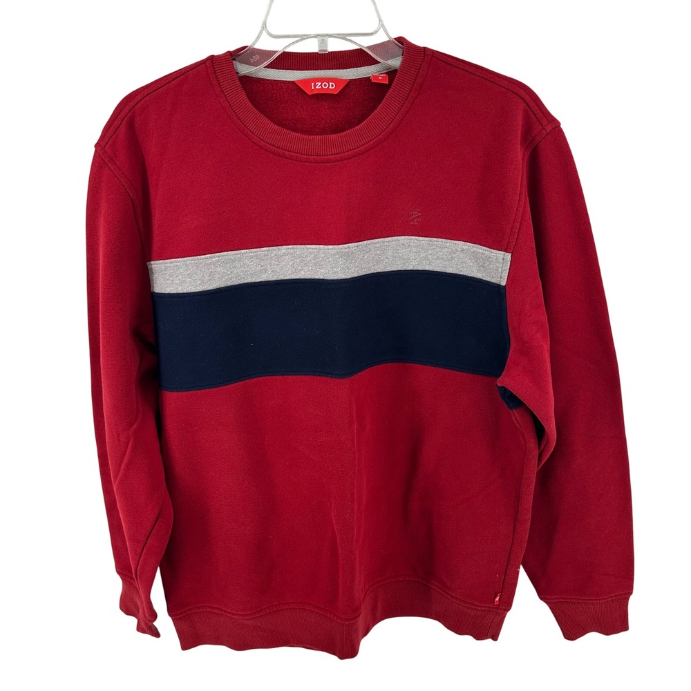 IZOD Mens Red Colorblock Stripe Crewneck Sweatshirt Fleece‎ Pullover Medium